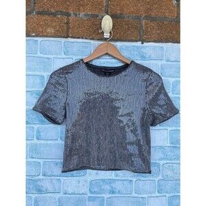 Christian Lacroix Scoop Neck Short Sleeve cropped Metallic & Silver sequin top